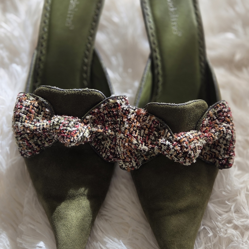 Madeline Olive Suede Pointed-Toe Mules with Multicolor Bow